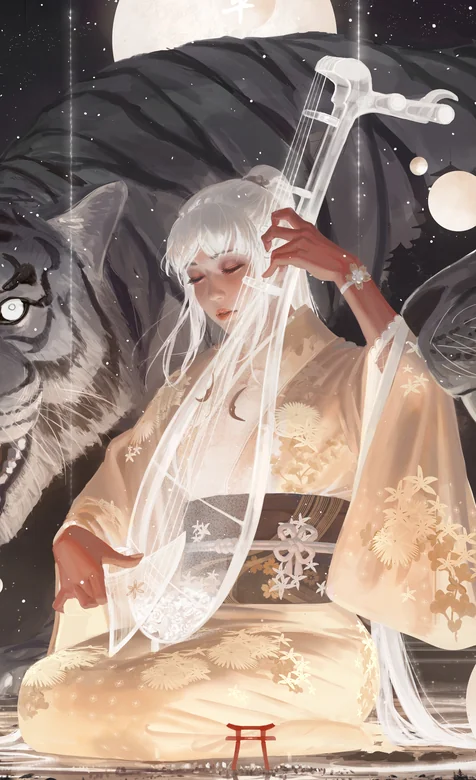 满月・白虎・琴音，日系国风插画壁纸超绝呈现
