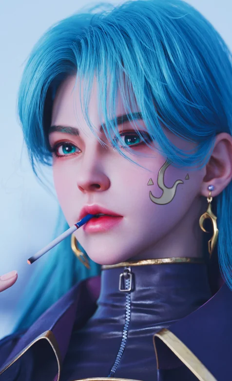 蓝发酷姐｜金属纹身 + 吸烟姿势，超 A 壁纸来袭