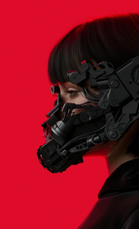 赛博朋克风机械面罩少女壁纸，红黑配色超酷炫高清下载
