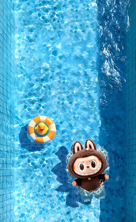 《拉布布LABUBU萌系泳池派对 萌趣兽耳LABUBU玩偶与小黄鸭清凉手机壁纸》