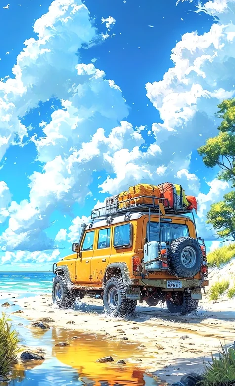 橙色越野 海滨冒险自驾插画壁纸