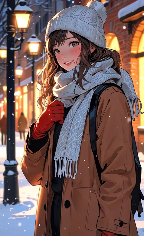 冬日街头 暖心少女治愈系插画壁纸