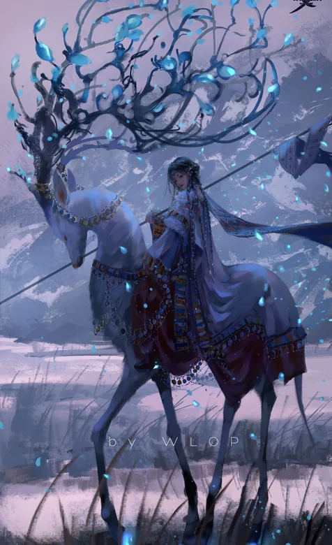 WLOP 绘 冰原灵鹿与少女 奇幻古风壁纸