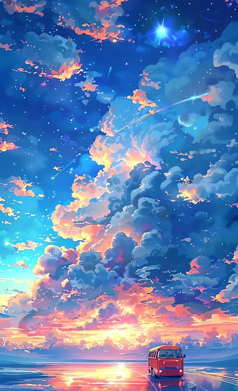 梦幻云境 红色巴士漫游天际壁纸