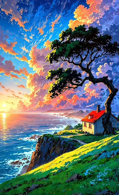 海边孤屋 梦幻色彩治愈系风景壁纸