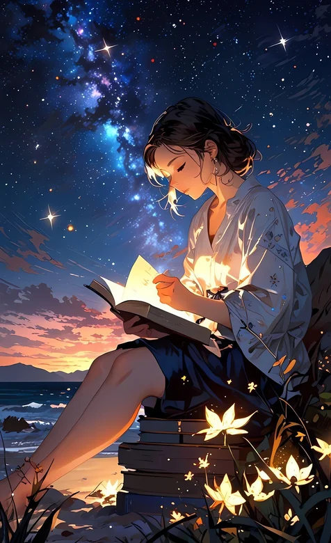 星空下的阅读少女 浪漫治愈系插画壁纸