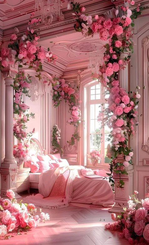 粉色玫瑰花环绕华丽法式公主房设计