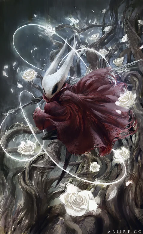 《空洞骑士：丝之歌》白色面具红斗篷角色“黄蜂女” 树根缠绕白色玫瑰发光光环手机壁纸