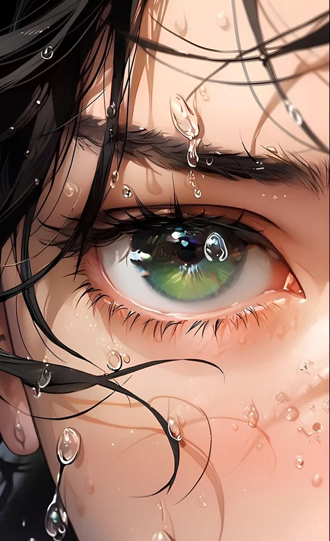 动漫绿瞳人物湿发水滴眼睛特写