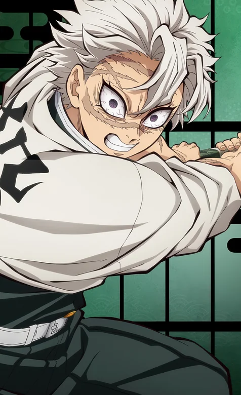 鬼灭之刃白发伤疤少年“不死川实弥”持刀战斗热血动漫高清壁纸