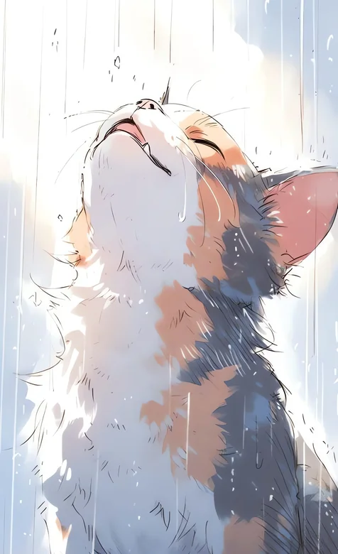 三花猫抬头淋雨 治愈系插画雨中猫咪手机壁纸
