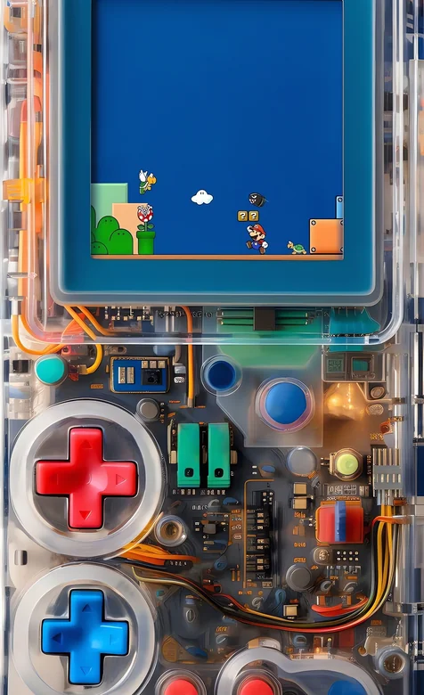 透明外壳掌上游戏机 马里奥游戏画面 复古电路板设计