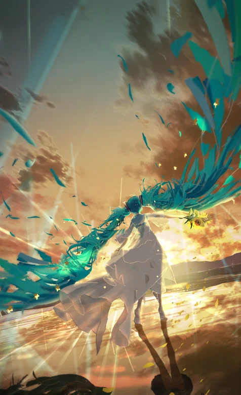 初音未来 蓝色长发 日落霞光 动漫场景壁纸