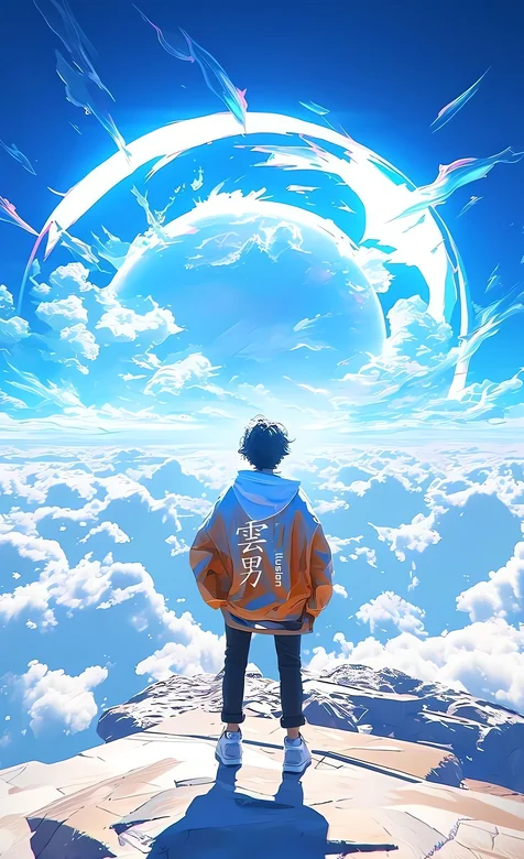 穿橙色连帽衫少年云海悬崖望蓝色天空巨大星球 动漫风