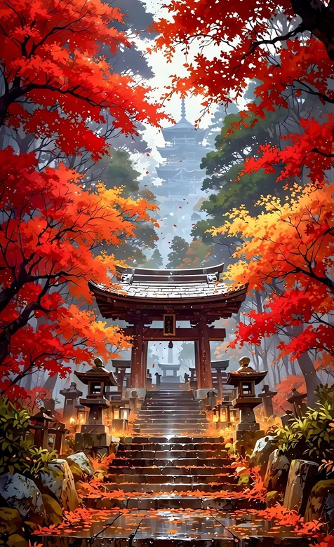 日本红叶季 鸟居石阶与古塔秋景图