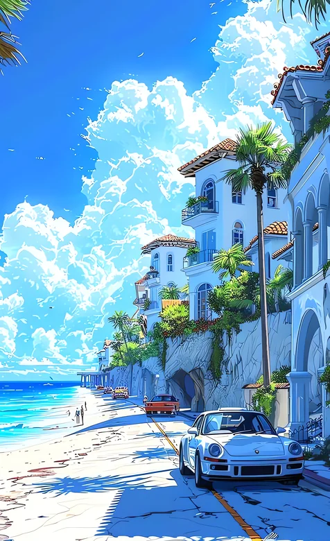 海滨沙滩人物漫步 棕榈树白车插画