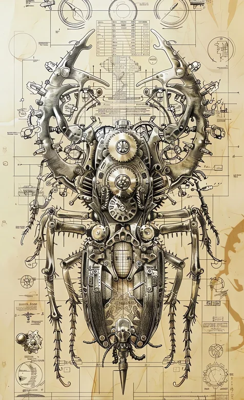 蒸汽朋克机械甲虫蓝图设计复古壁纸