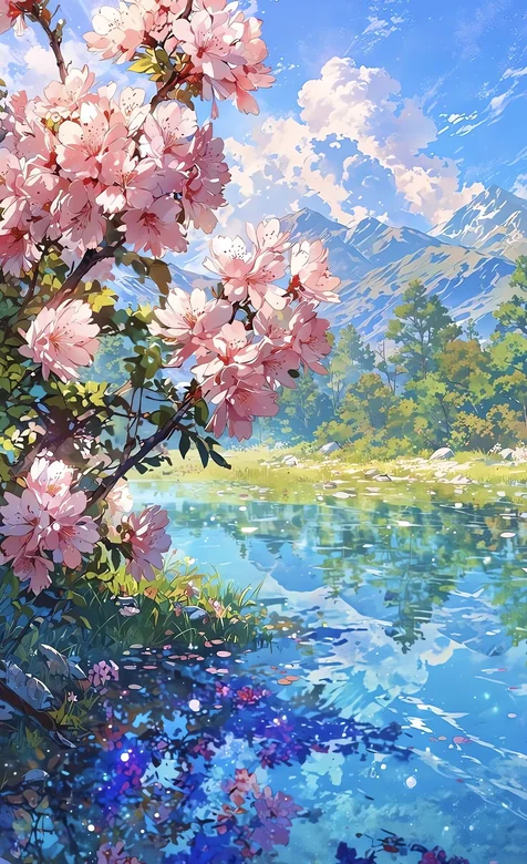 樱花湖畔春日山水插画风景