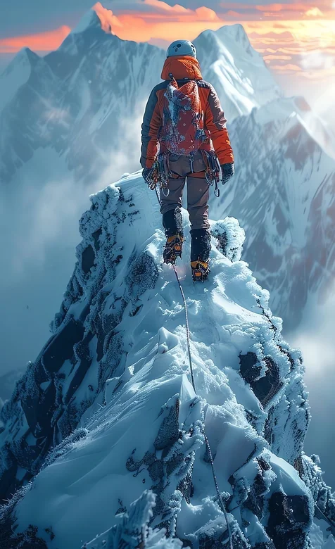 登山者立雪山之巅 夕阳云海映险峰