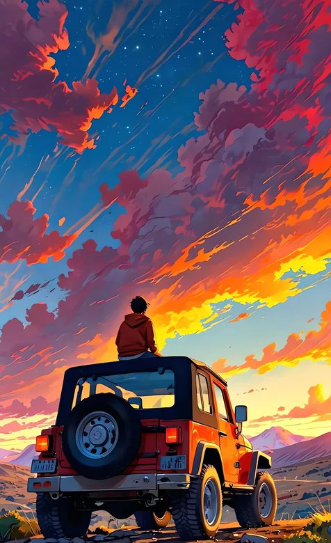 少年坐越野车顶望山巅晚霞天空