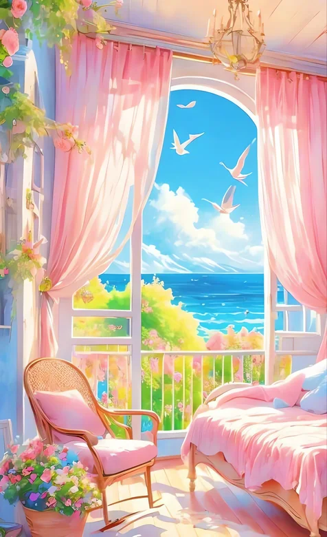 粉色海景房卧室温馨场景