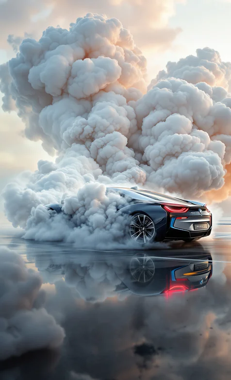 烟雾中疾驰的黑色跑车 水面倒影映云霞