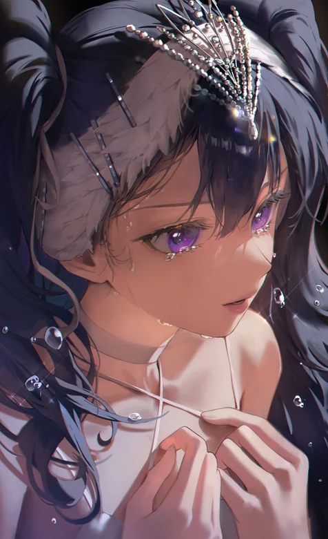 紫眸黑长直少女 湿发水晶头饰动漫插画