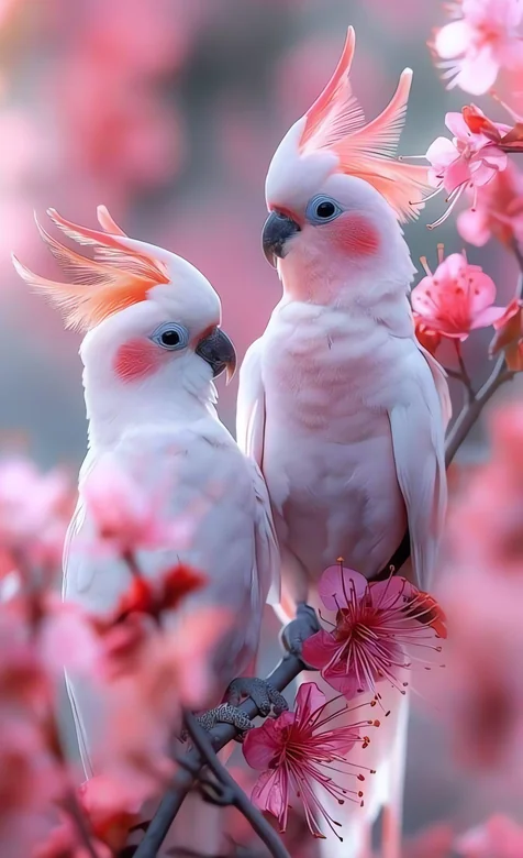 粉红凤头鹦鹉依偎粉花枝头