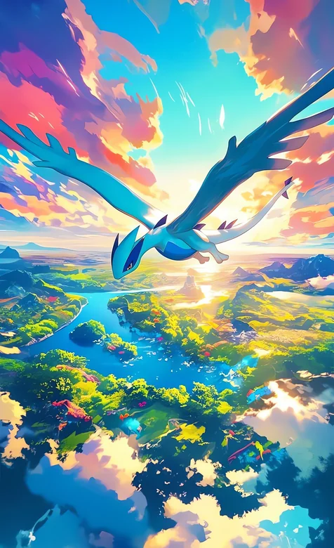 宝可梦洛奇亚翱翔天空山谷奇幻插画