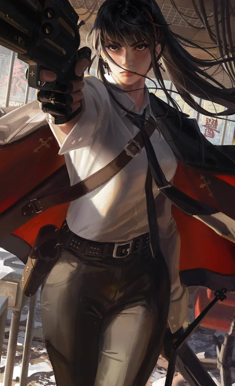 赛博废墟黑长直持枪女战士