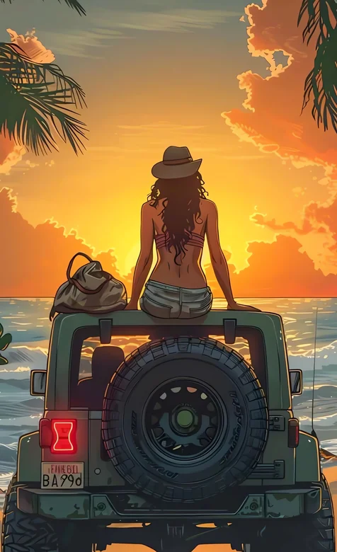 女孩坐越野车海边赏日落余晖