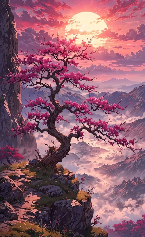 悬崖粉樱映落日山水意境图