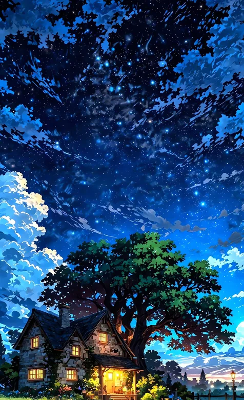 治愈系星空下的林间小屋夜景