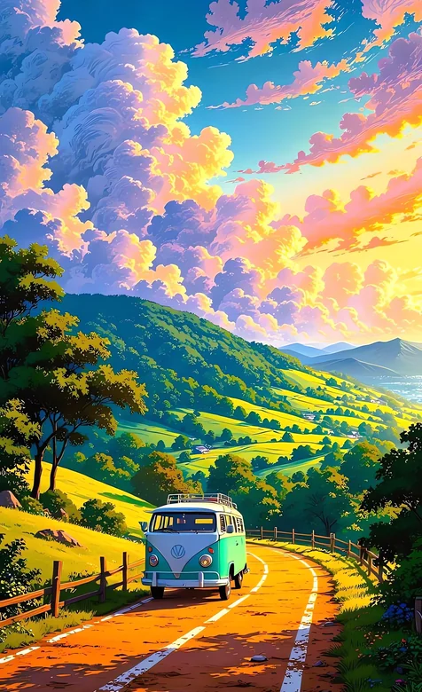 夕阳下绿色VW面包车行驶山间小路