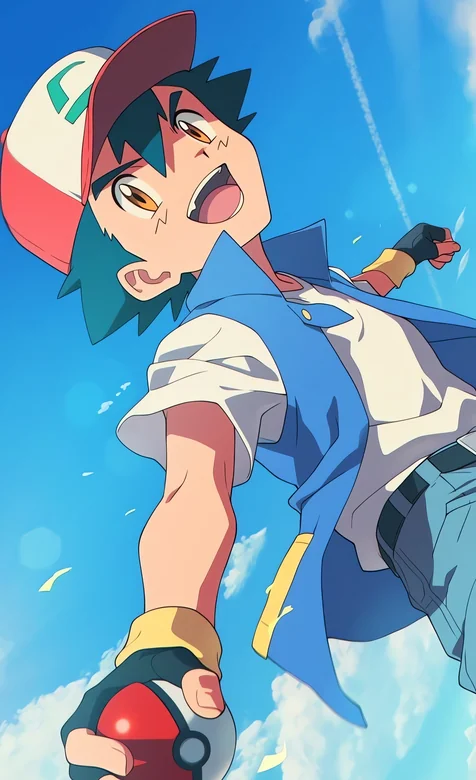 宝可梦小智手持精灵球仰望天空