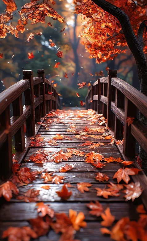 秋日枫树林木桥落叶景观