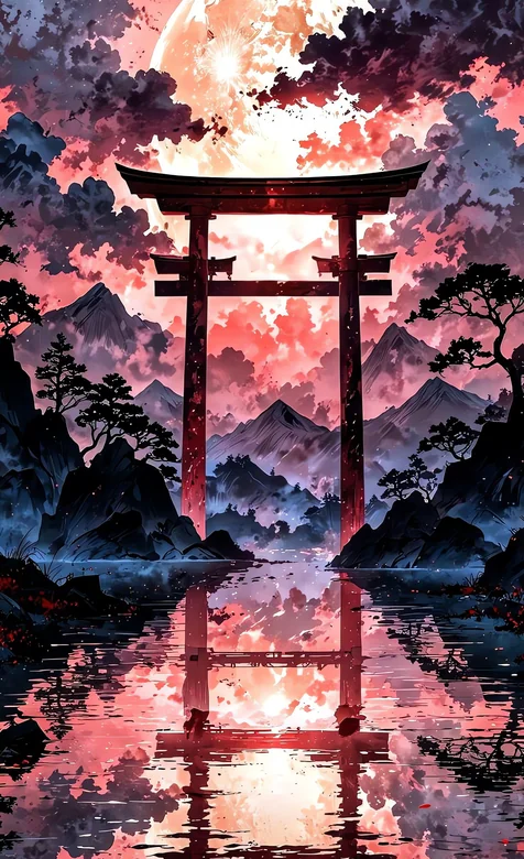 红月山水间 和风鸟居倒影图