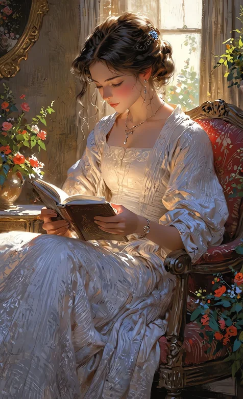 古典窗边阅读女子 油画风室内场景