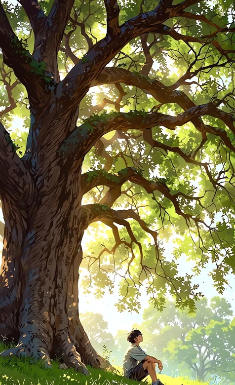 少年大树下沐阳光治愈插画