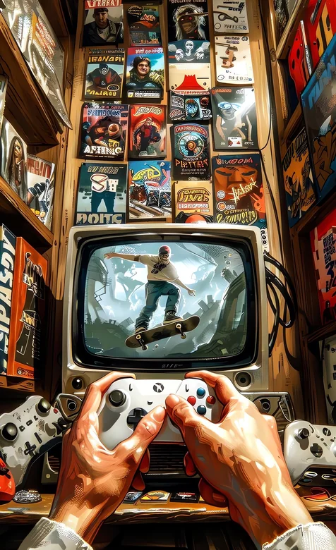 复古电视前滑板少年握游戏手柄操控