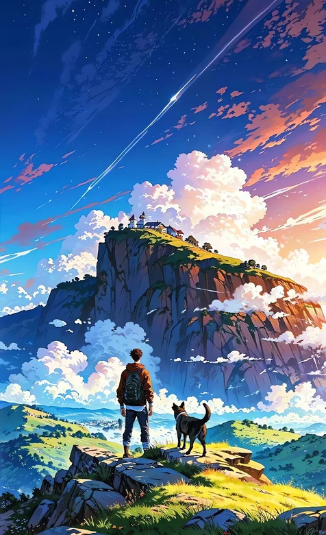 男子与狗山顶望星空云海日落