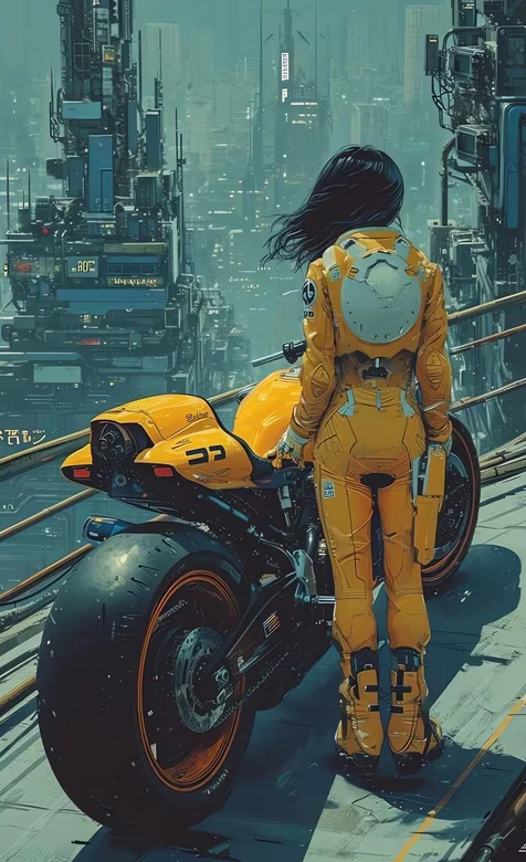 赛博朋克女骑手与黄色摩托俯瞰未来都市