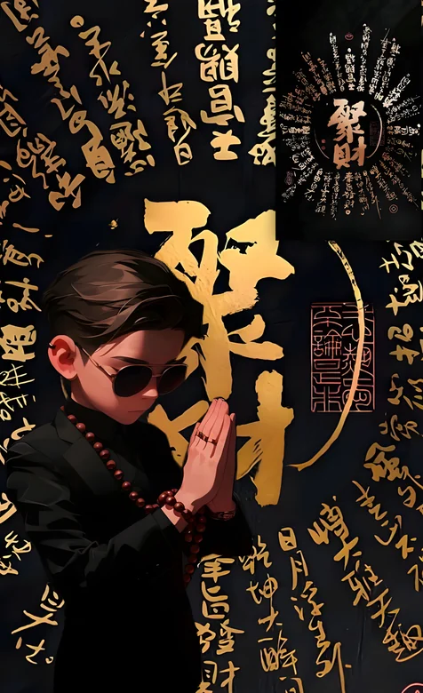 卡通墨镜少年合十聚财黑金书法壁纸