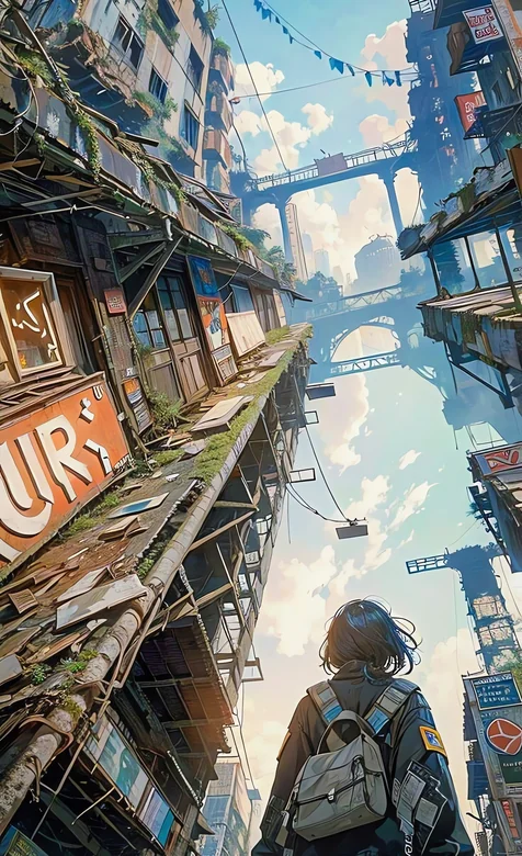 赛博朋克城市街道中的背包人物