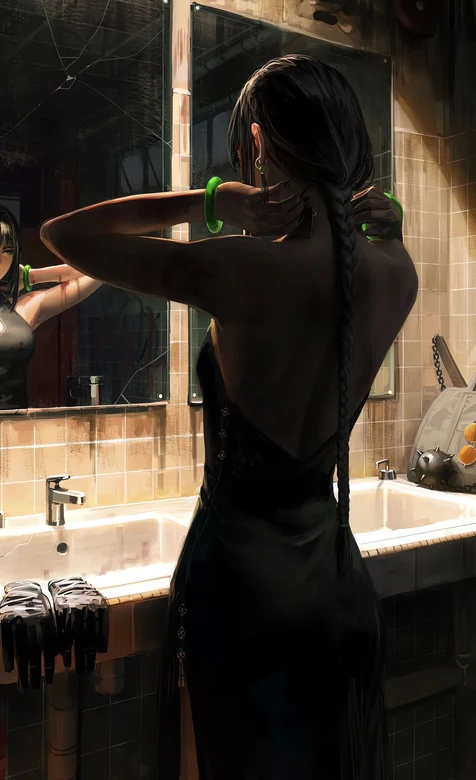 浴室镜前梳发神秘女子背影