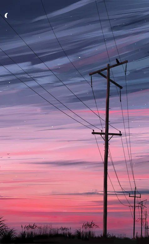 郊外暮色电线杆与粉紫晚霞夜空