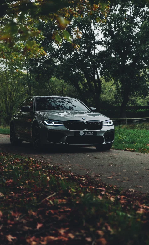 宝马M5汽车 秋日林间落叶路