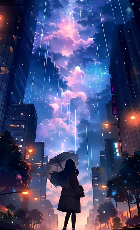 雨夜城市星空下撑伞少女仰望流星