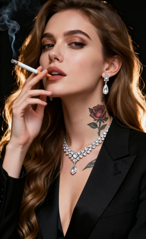 魅力吸烟女性 玫瑰纹身钻石首饰黑色西装