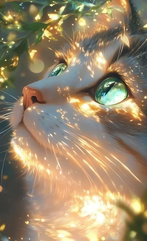 绿眸猫咪仰望枝叶间金色流光